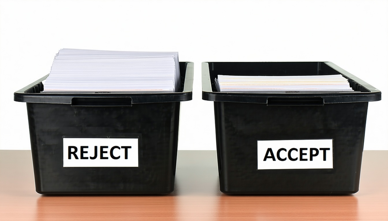 Bandejas de archivo sobre la mesa Una de ellas marcada como RECHAZADA y la otra como ACEPTADA-1