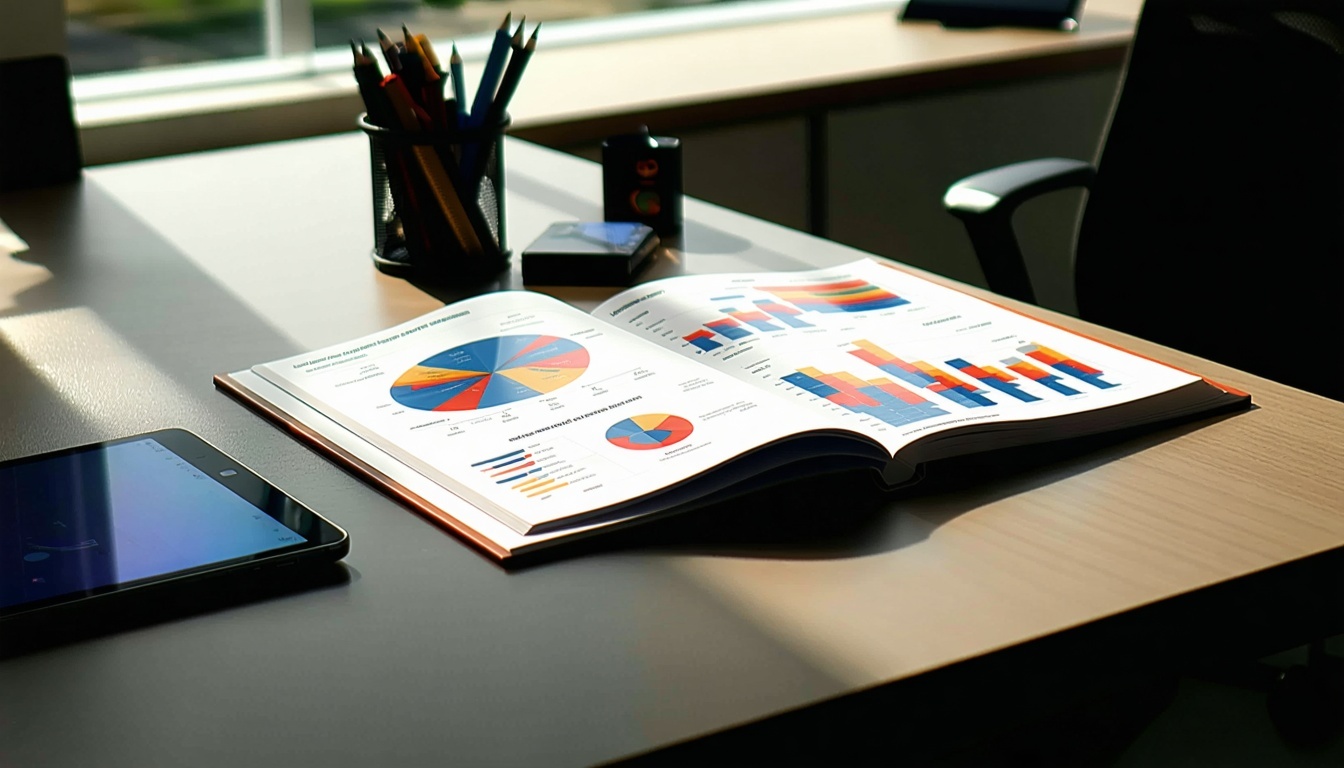 El elegante escritorio de oficina contemporáneo presenta una superficie lisa y pulida, iluminada por la luz natural que entra por una ventana cercana. Sobre el escritorio, un informe de marketing encuadernado ocupa un lugar destacado, con su cubierta profesional de diseño vibrante y tipografía en negrita-2.