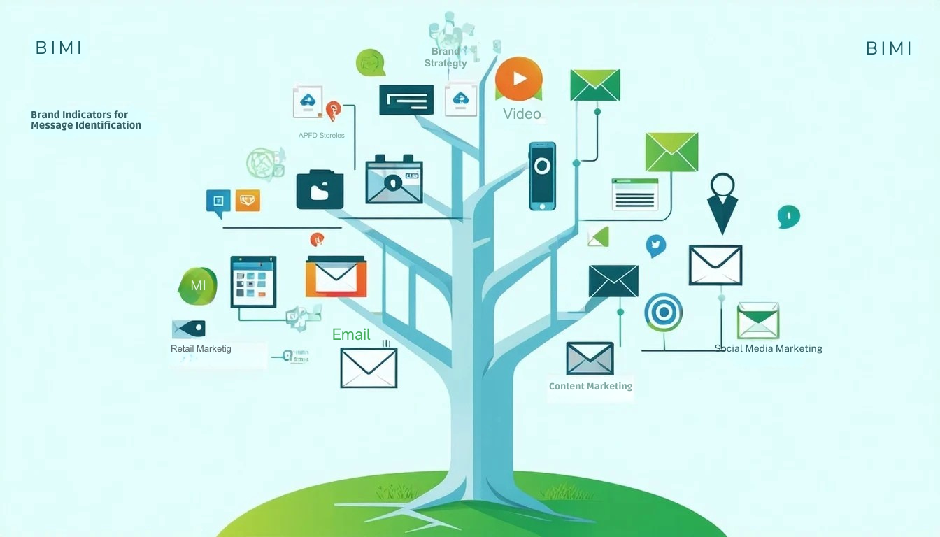 BIMI o Indicadores de Marca para la Identificación de Mensajes sirve como tronco fundacional del árbol de una estrategia de marketing proporcionando un marco sólido para el reconocimiento de marca y la confianza en las comunicaciones digitales A partir de este pilar central diversas tácticas de marketing-.
